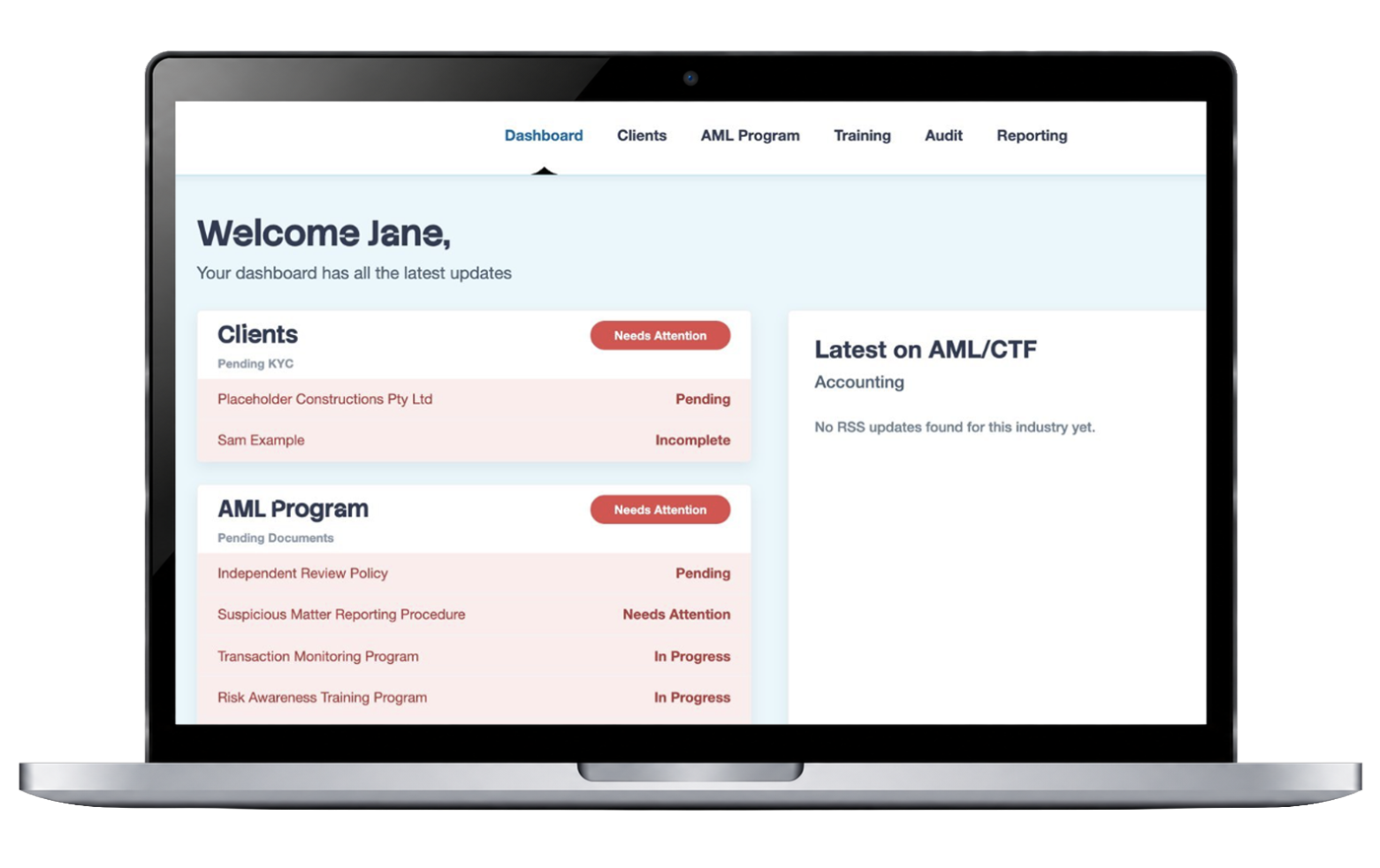 The Trancher dashboard on a laptop: clients pending KYC and AML program documents, each with its status